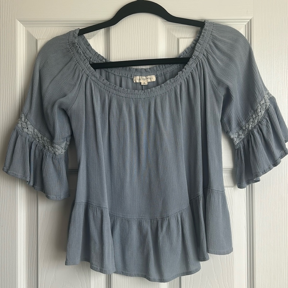 Light Blue Peasant Blouse with Ruffled Sleeves - Womens Top
